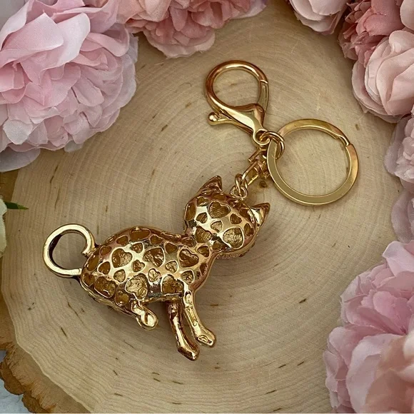 Pink Striped Crystal Egyptian Tabby Cat Keychain Charm - Picture 14 of 16